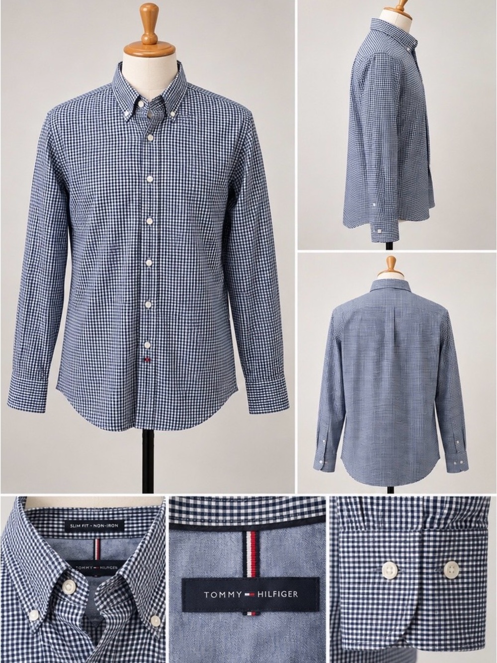 Tommy Hilfiger Slim Fit Non-Iron Gingham Button Down Shirt Mens M 15.5 32/33